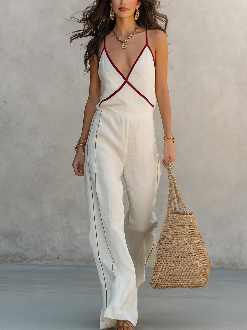 Spaghetti Strap Wide-Leg Pants Set with Contrast Trim