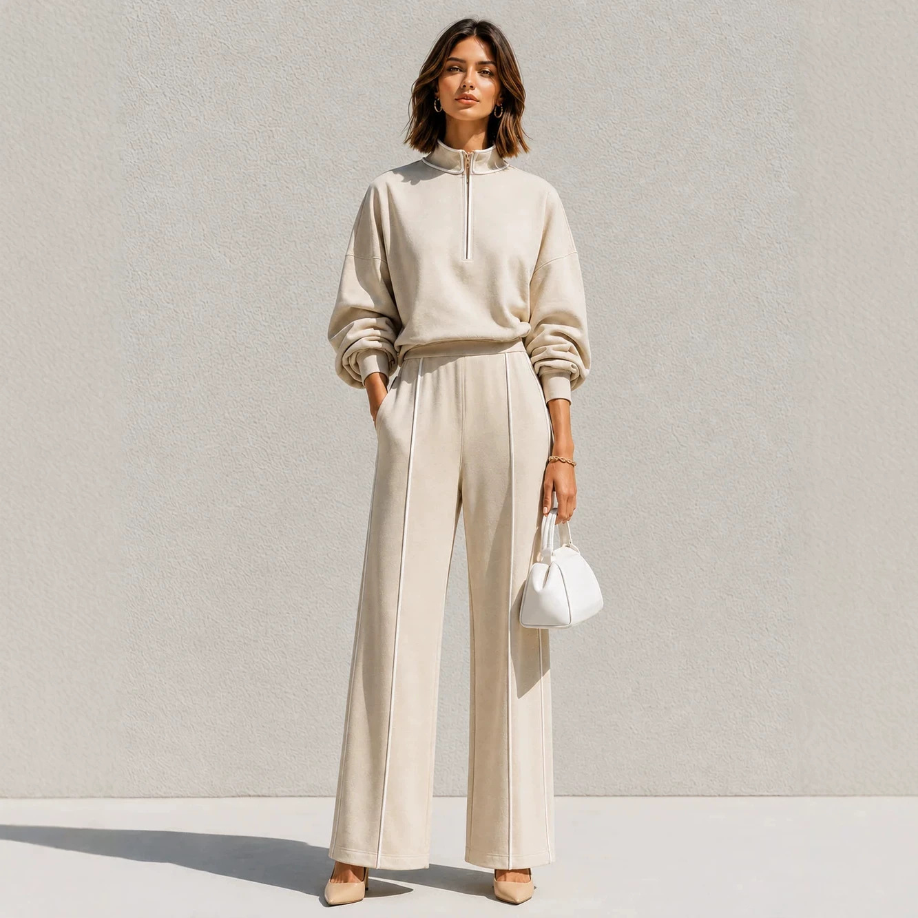 Women's Half-Zip Stand Collar Sweatshirt & High-Waist Wide-Leg Pants Set
