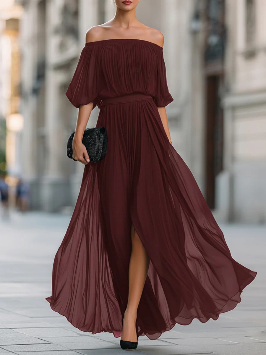 Women's Off-Shoulder Chiffon Maxi Dress Solid Color Waist-Cinched