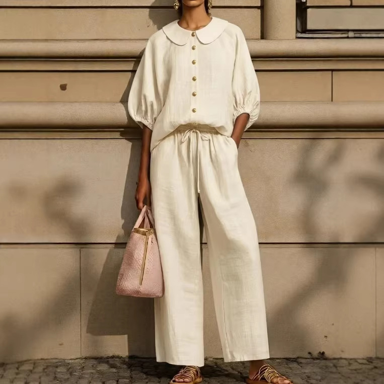 Women's Cotton-Linen Lantern Sleeve Shirt & Drawstring Pants Set