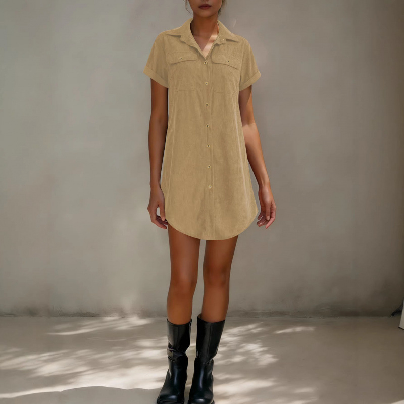 Corduroy Shirt Dress Short Sleeve Collared Loose Fit