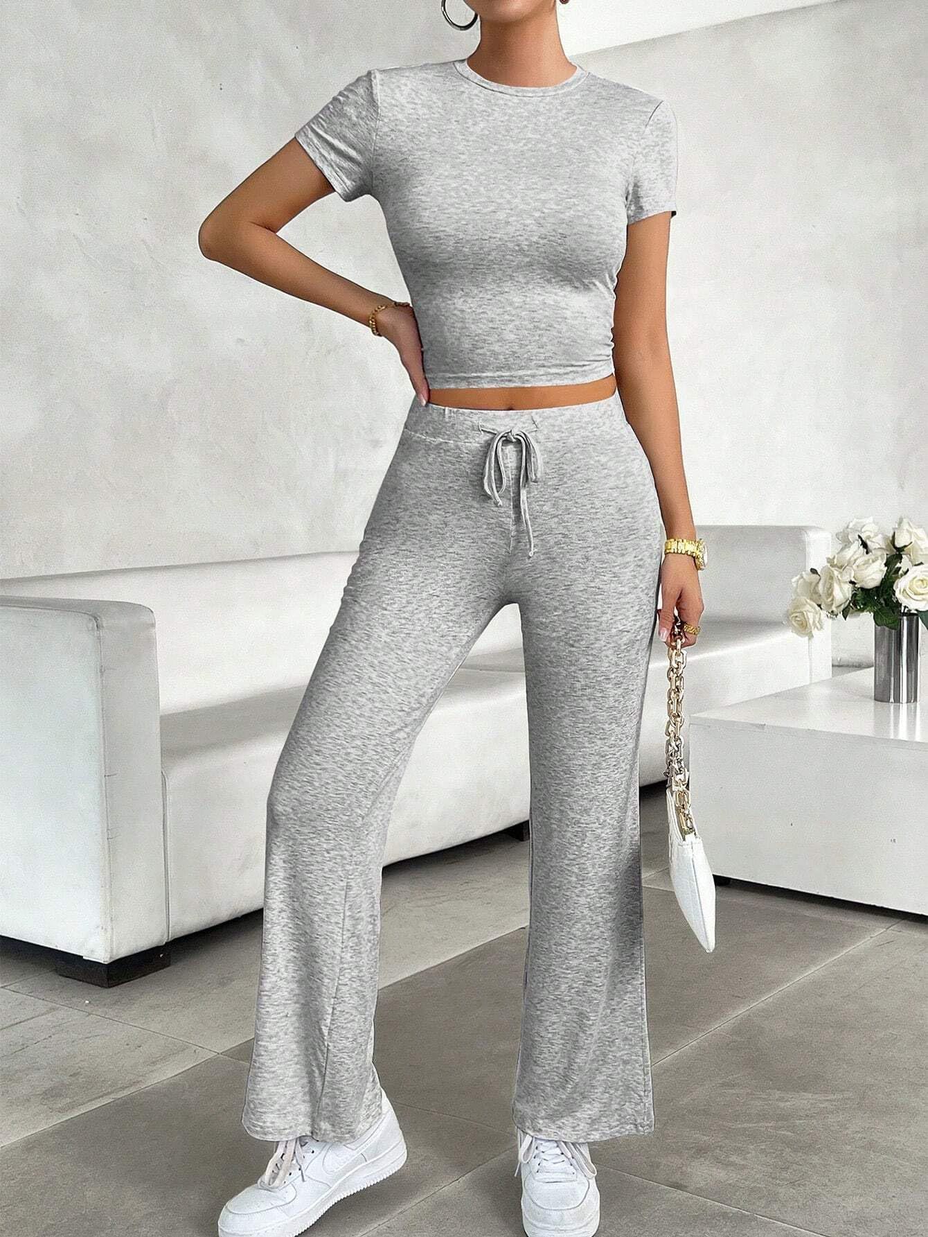 Women's Solid Color Short Sleeve Top & Long Pants Two-Piece Set