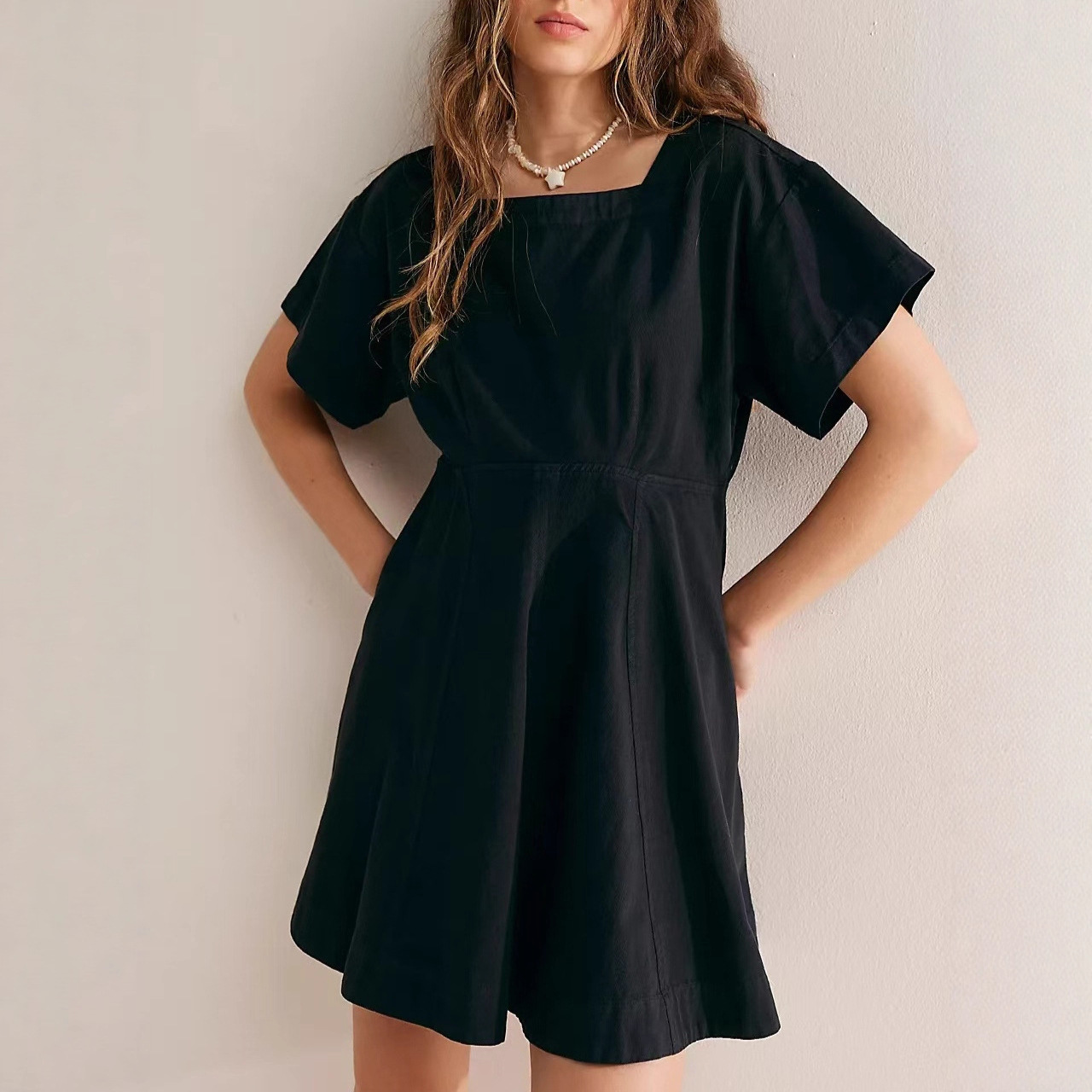 Square Neck Short Sleeve Button A-Line Mini Dress