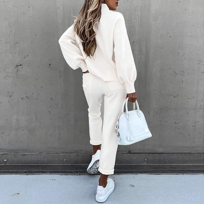 Women's Turtleneck Sweatsuit Set Solid Color Long Pants with Pockets