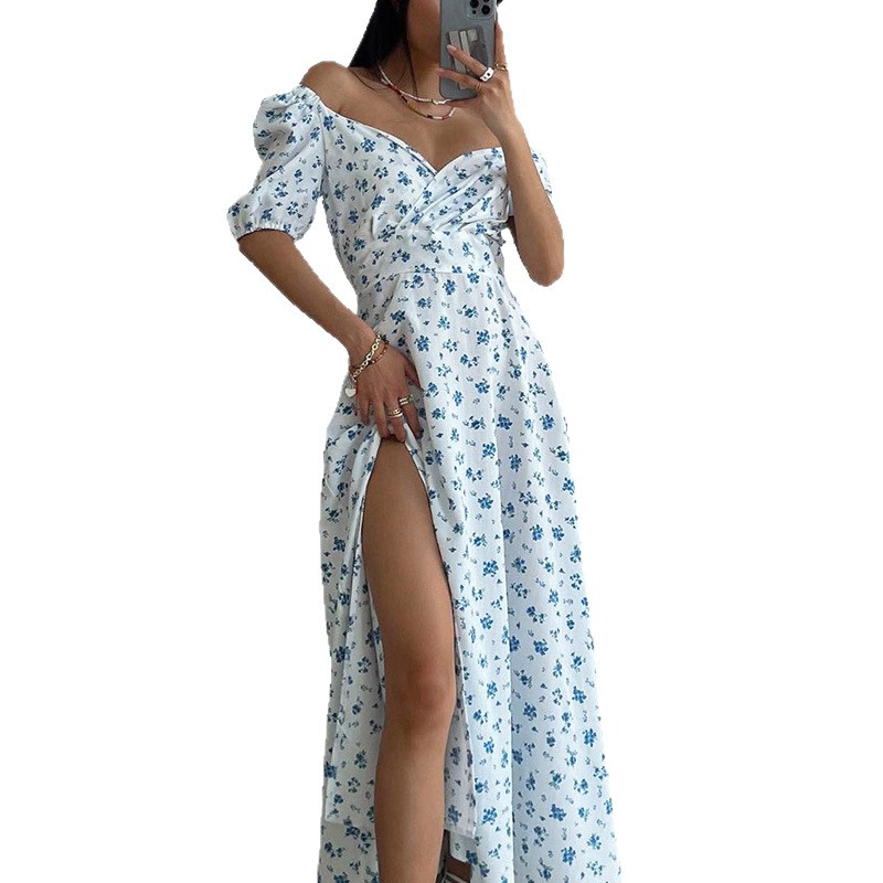Women's A-Line Floral Dress with Puff Sleeves and V-Neck