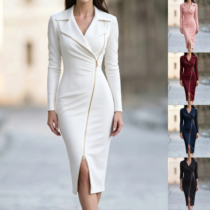 Suit Collar Long Sleeve Zip Slit Sheath Dress
