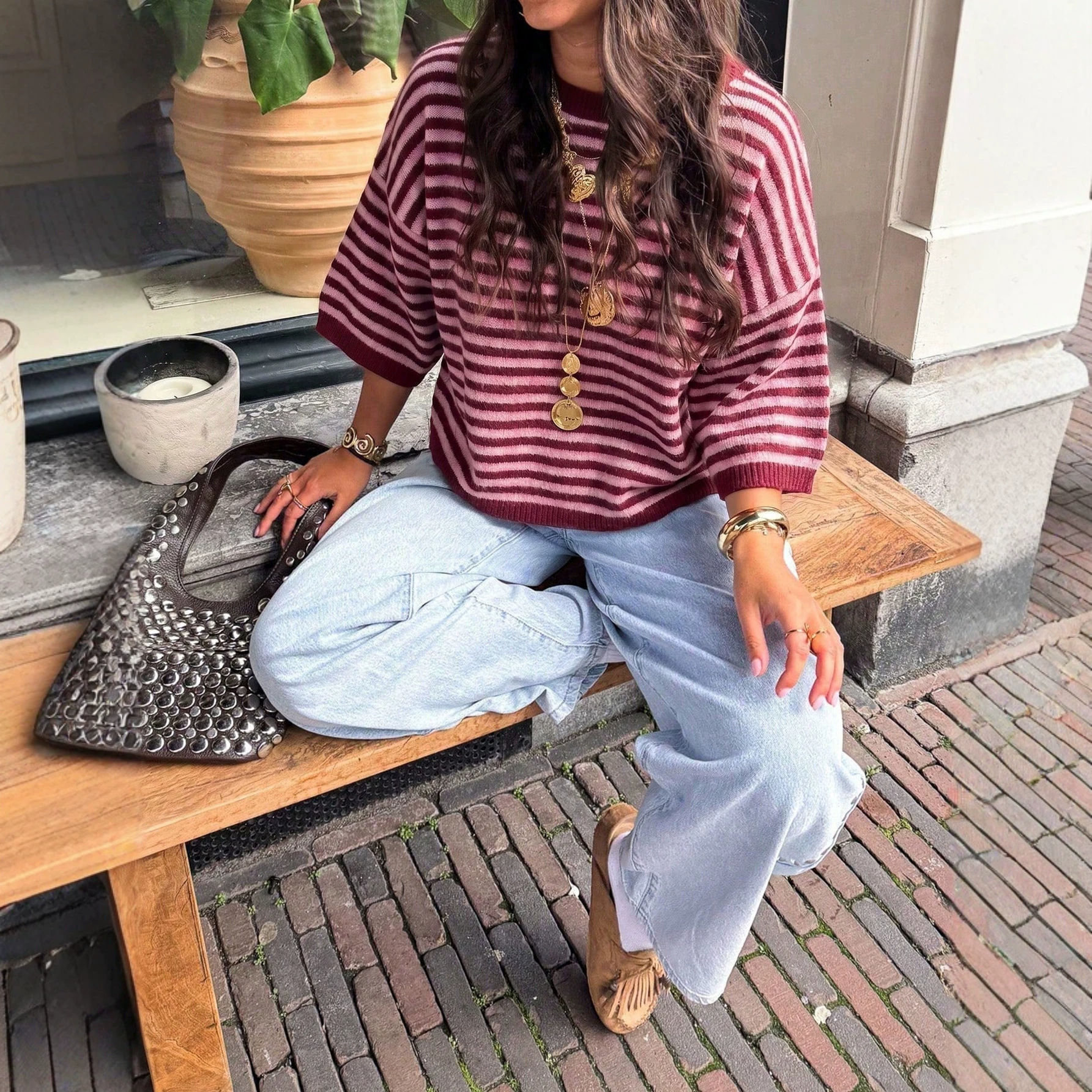 Color-Block Striped Knit Top Women's Loose Batwing Sleeve Pullover