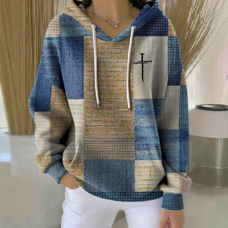 Women's Plaid 3D Digital Print Hoodie Casual Sweatshirt