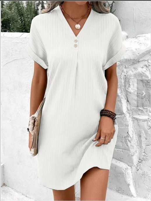 Women's V-Neck Solid Color Pullover Dress with Buttons