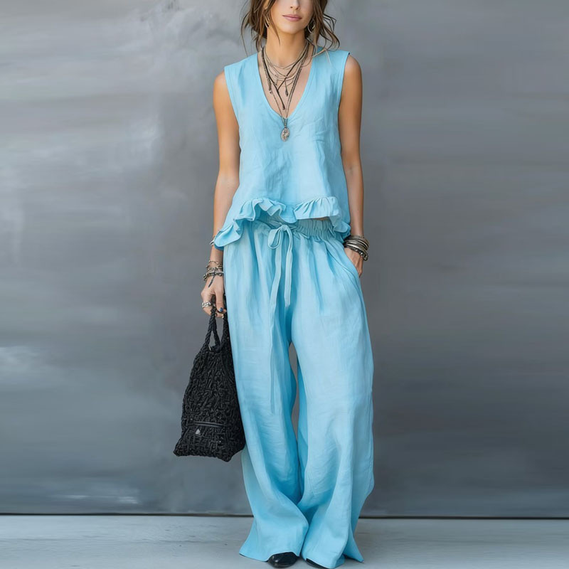 Sleeveless V-Neck Ruffle Top and Wide-Leg Pants Set