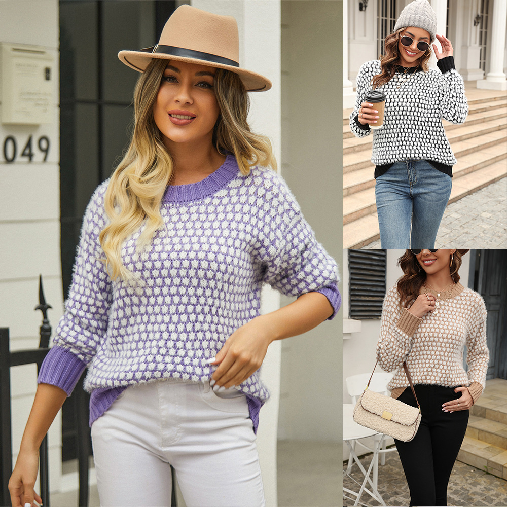 Color-Block Knit Sweater Plus Size Crew Neck Long Sleeve