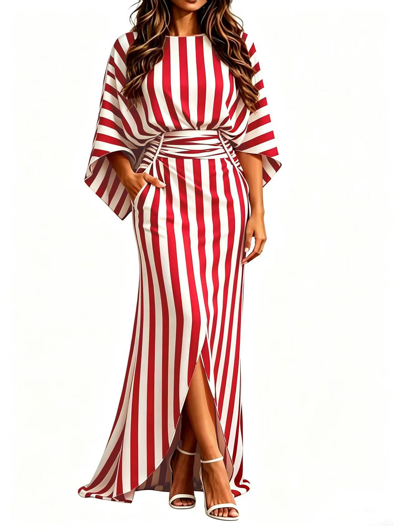 Striped Elegant Waist-Cinching Pleated Long Dress with Pockets