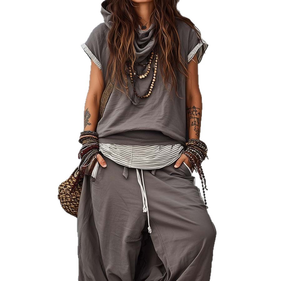 Bohemian Sleeveless Hooded Top & Harem Pants Two-Piece Set