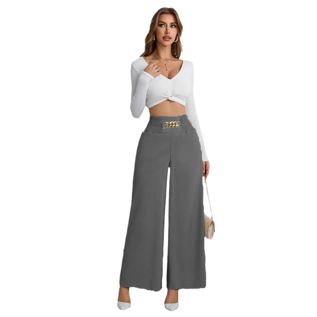 High-Waist Chain Smocked Wide-Leg Pants