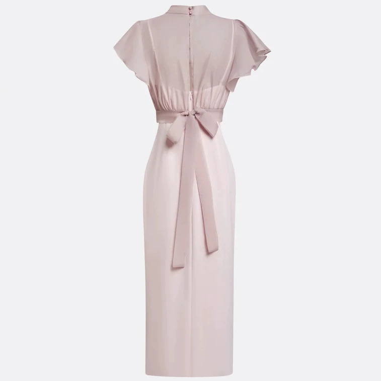 French High-Neck Sheer Mesh Ruffle Sleeve Ruched Bodycon Midi Dress