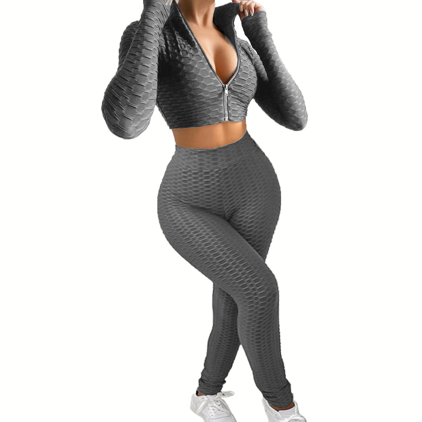 Women's Casual Solid Two-Piece Waffle Knit Tracksuit Set