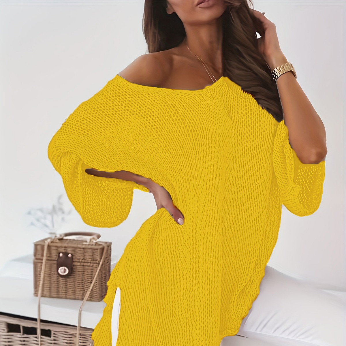 Women's Plus Size V-Neck Flared Sleeve Midi Sweater