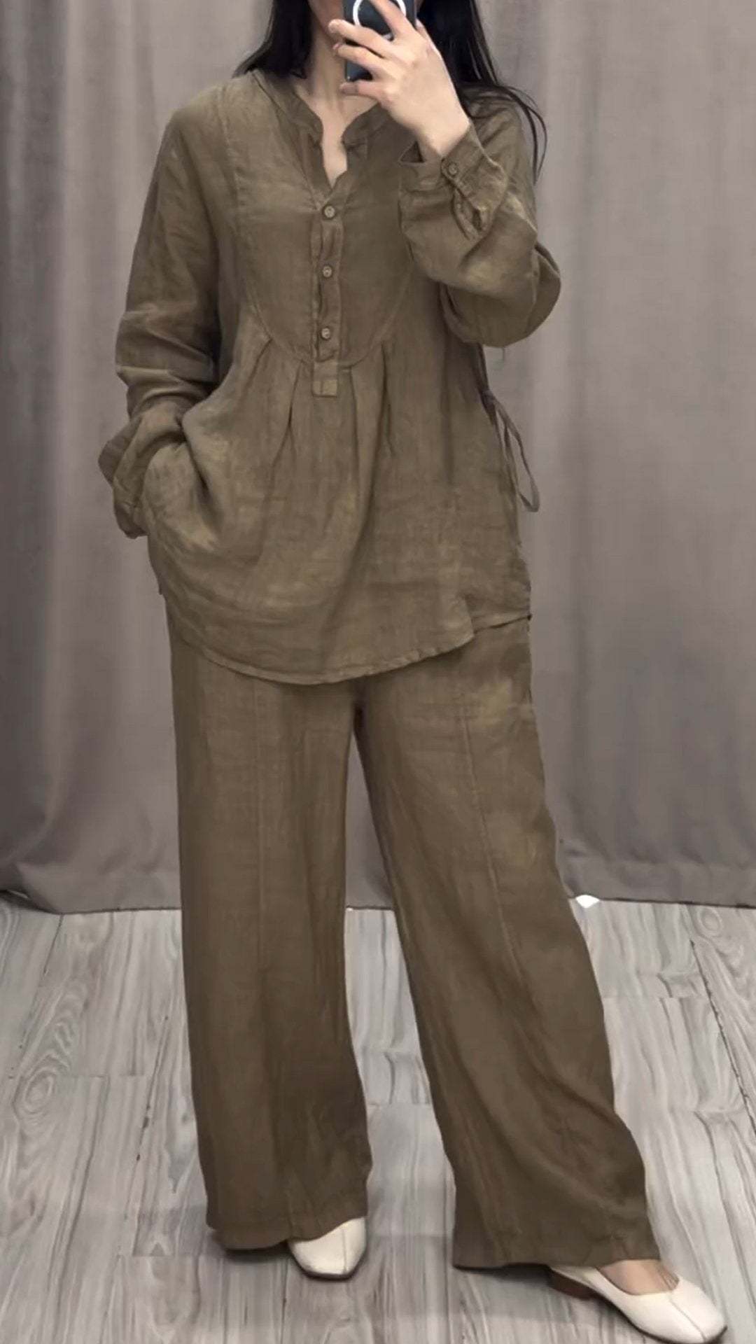 Cotton Linen Long Sleeve Half-Placket Pleated Wide-Leg Pants Set