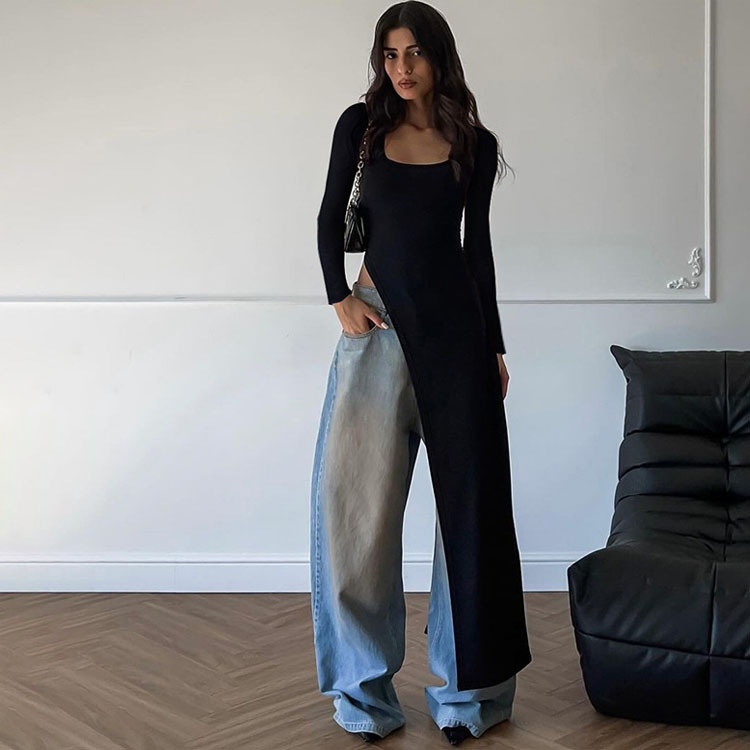 U-Neck Slim Fit Split Long Sleeve Dress