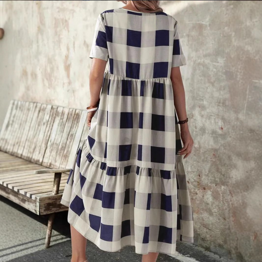 Plaid V-Neck Short Sleeve Maxi Dress
