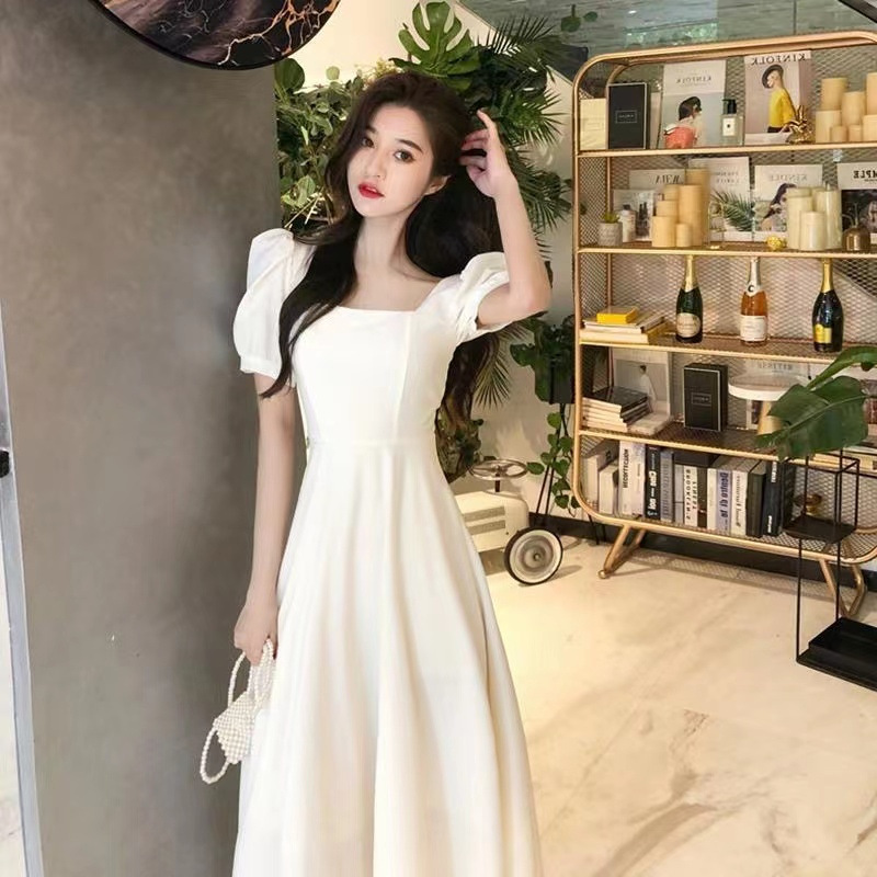 French Vintage Hepburn Style Midi Dress Square Neck Puff Sleeve A-Line