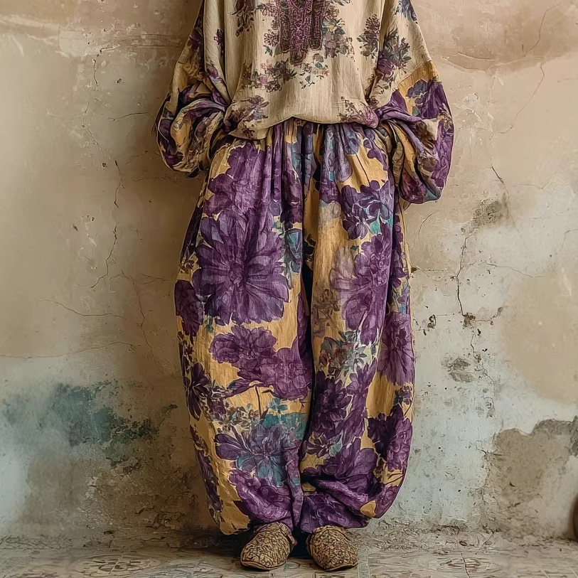 Retro Floral Print Long Sleeve Top and Pants Lounge Set