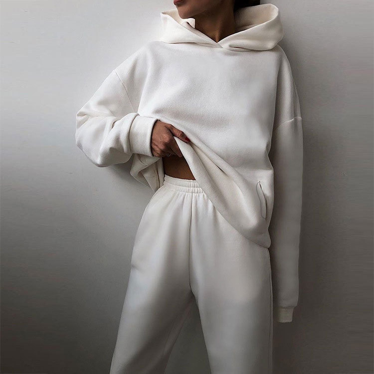 Women's Solid Color Hooded Sweatshirt and Pants Two-Piece Casual Set
