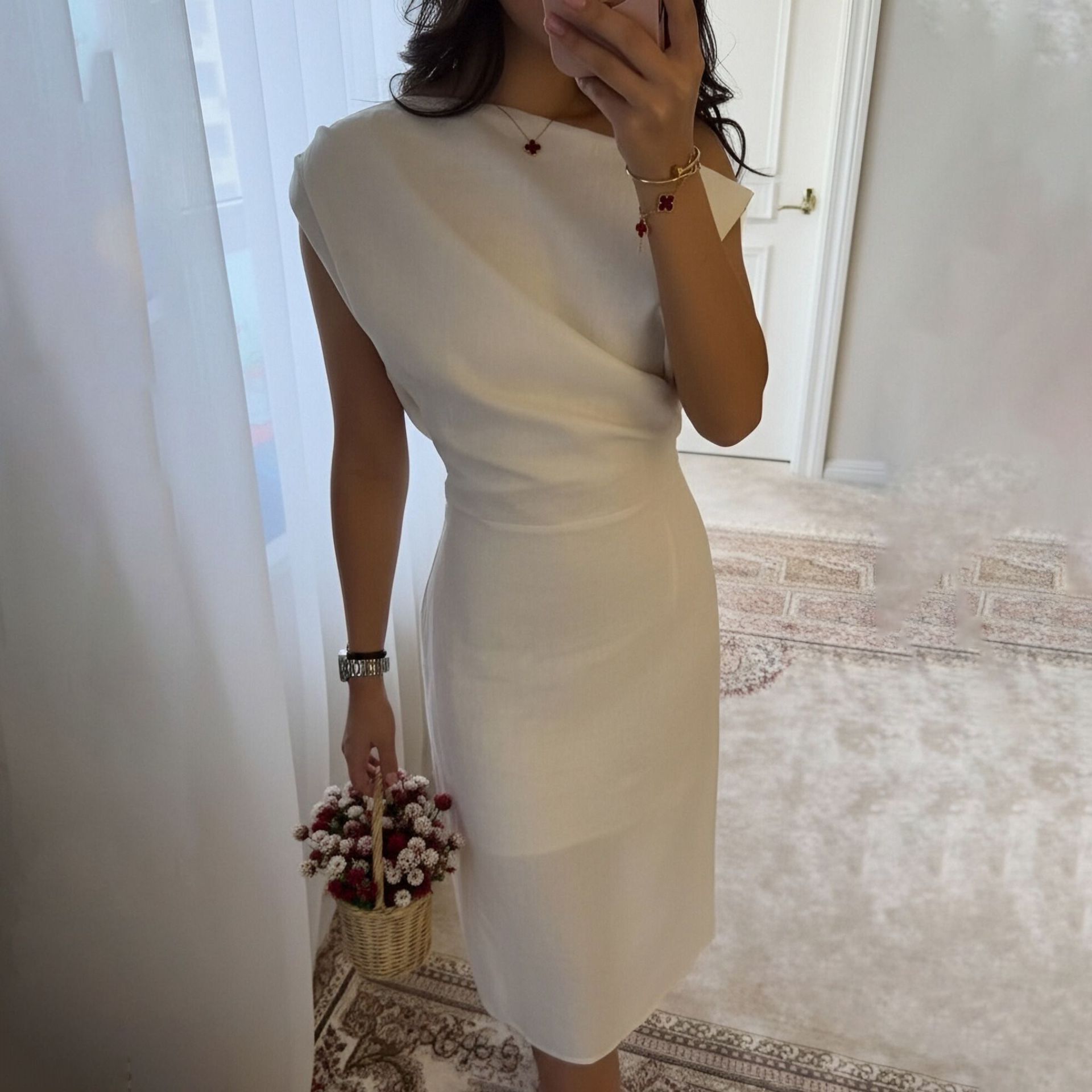 Slim-Fit Elegant Solid French Long Dress