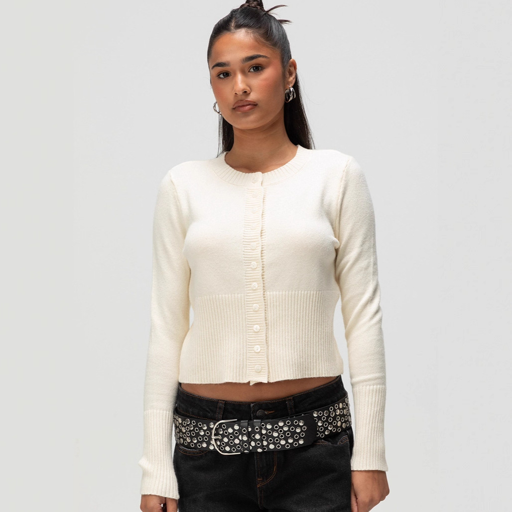 Women's American Retro Solid Crewneck Button-Up Cropped Knit Cardigan Low-Rise Anti-Slip Long Sleeve Top
