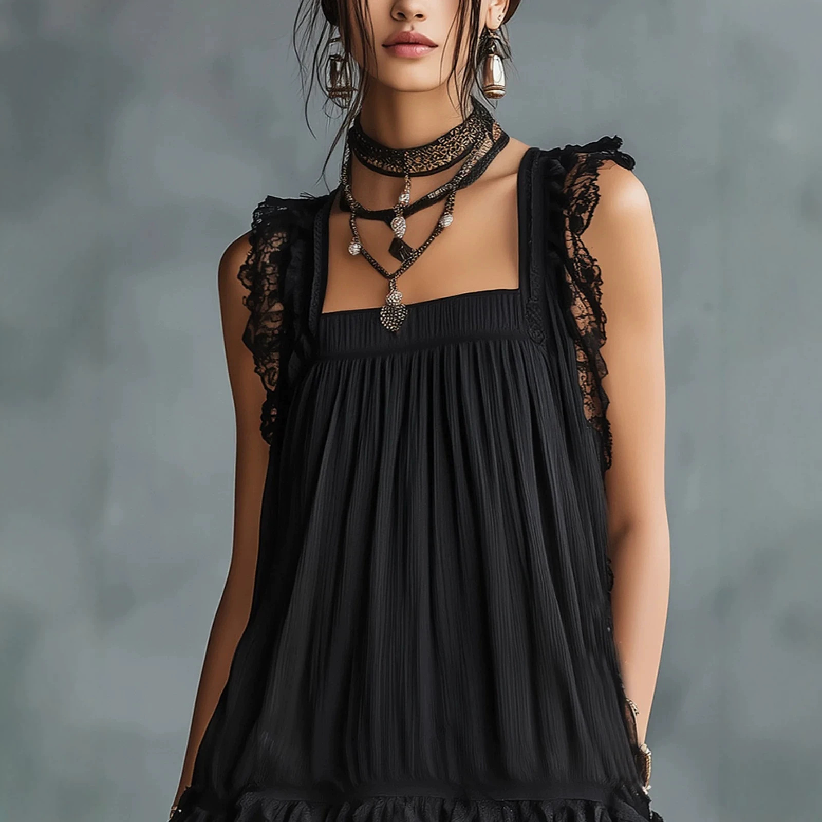Sleeveless Black Lace Panel Dress with Round Neck