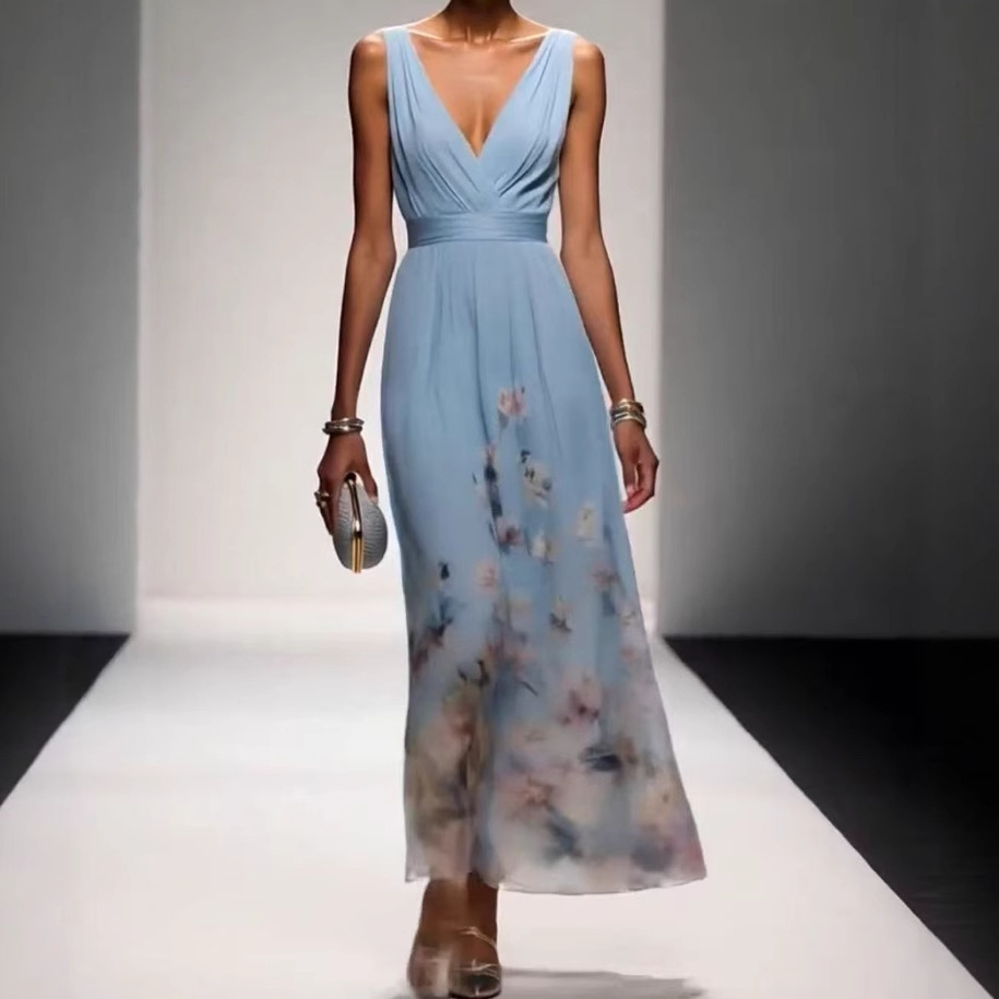 Elegant V-Neck Sleeveless Maxi Dress with Printed Hem