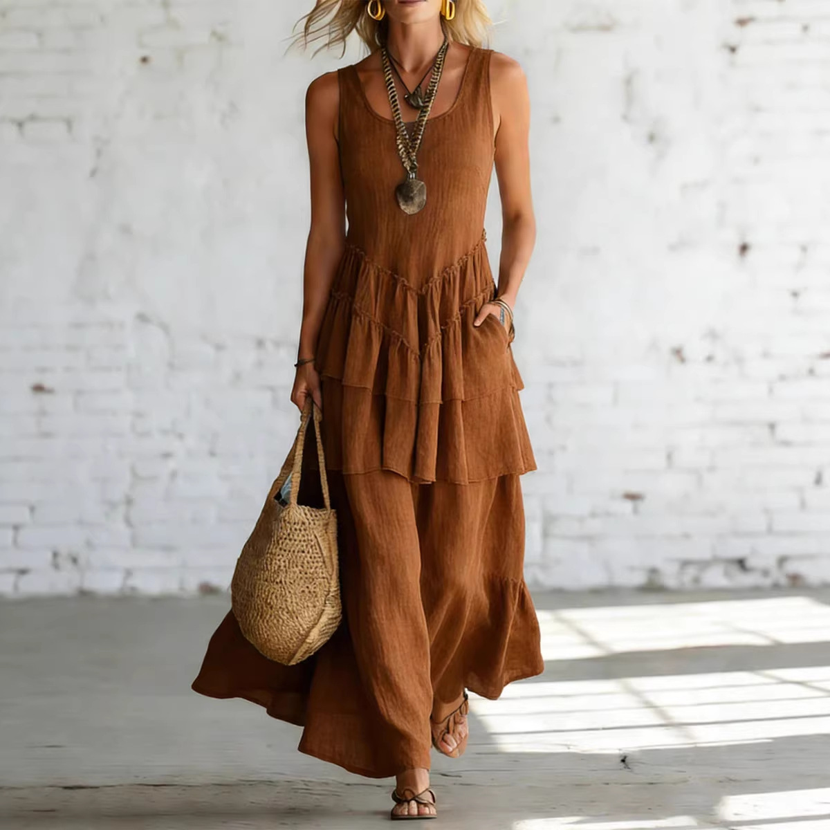 Women's Sleeveless Cotton Linen Dress with Flared Skirt