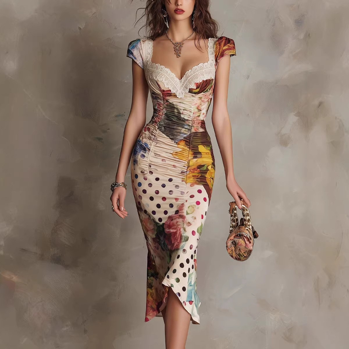 Vintage Floral Print Square Neck Midi Dress with Waist-Cinching Fit