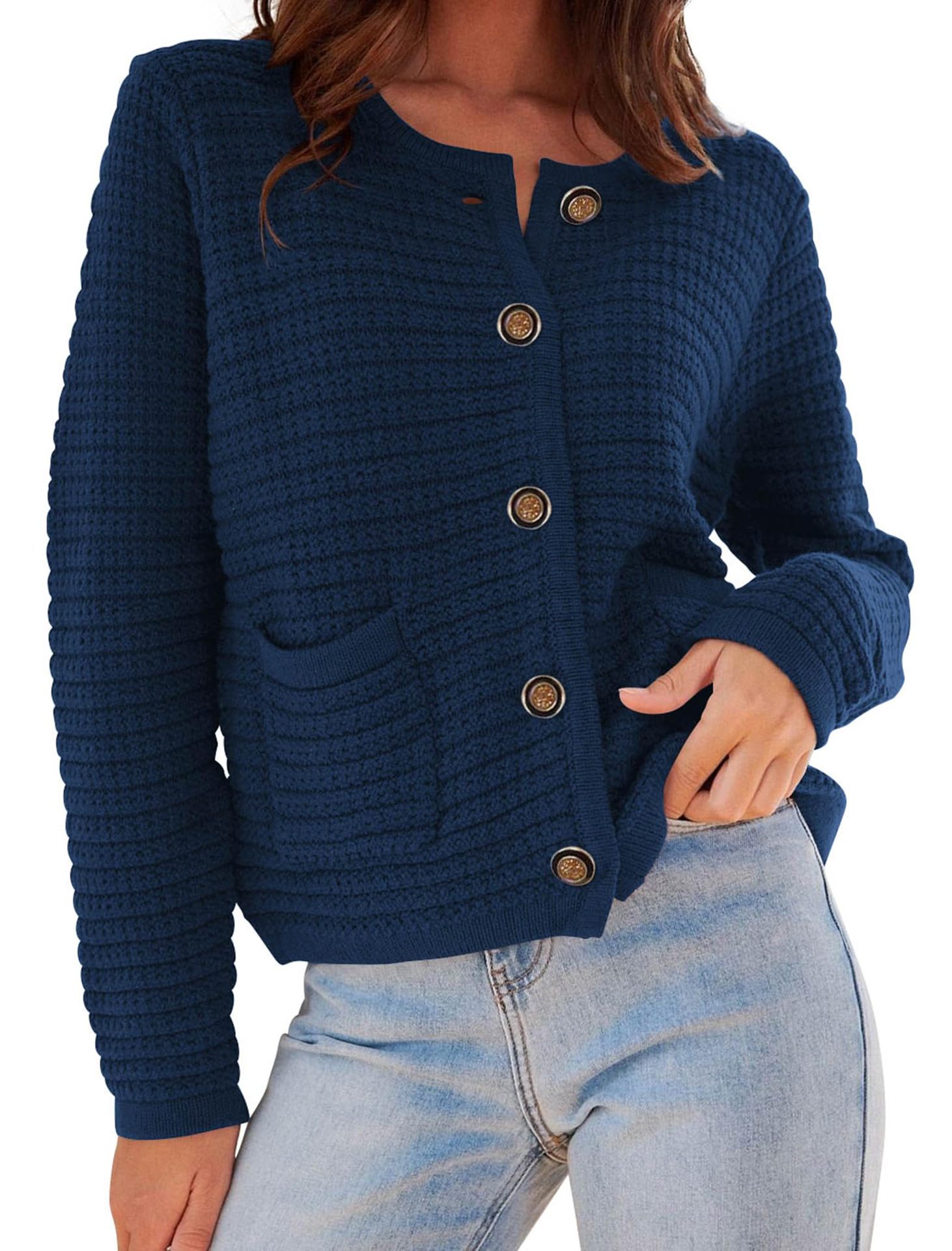 Women's Chic Knit Cardigan Short Crew Neck Single-Breasted Coat