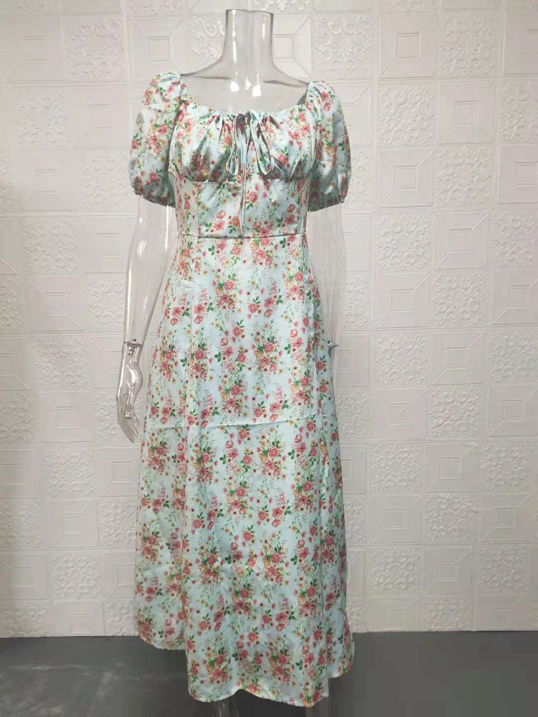 Floral Square-Neck Tie-Back Midi Dress with Slit and Ruching