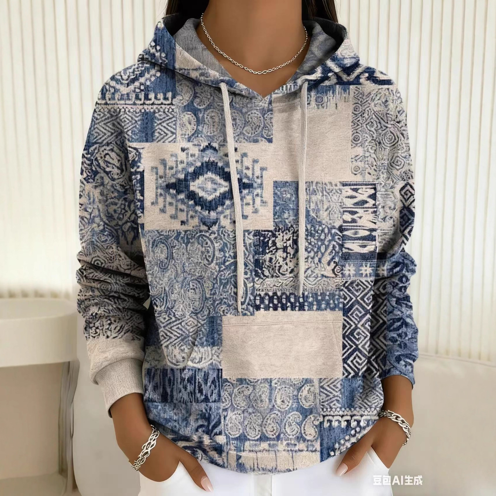 Women's Blue and White Porcelain Plaid Floral Print Hoodie Casual Pullover