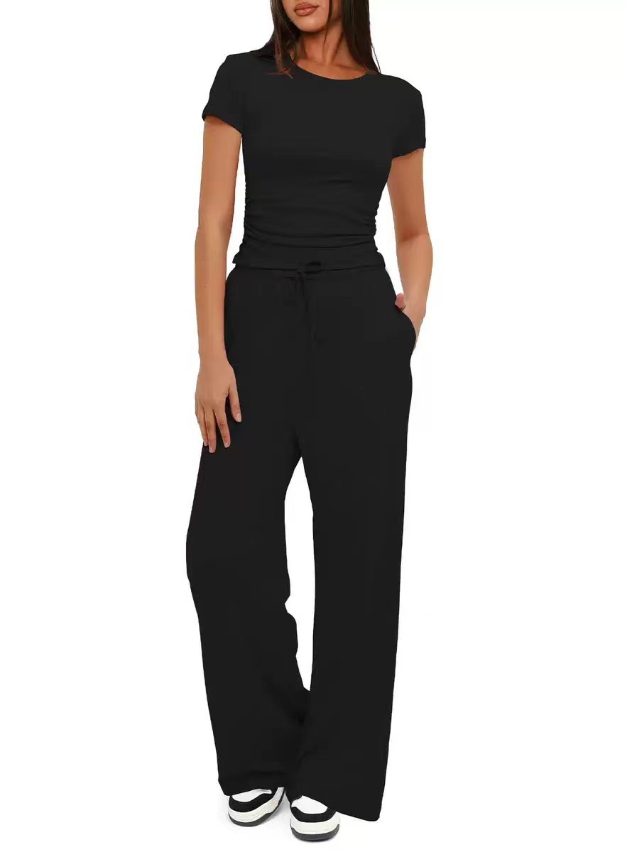 Women's Two-Piece Casual Set Ruched Short Sleeve Top Wide-Leg Pants