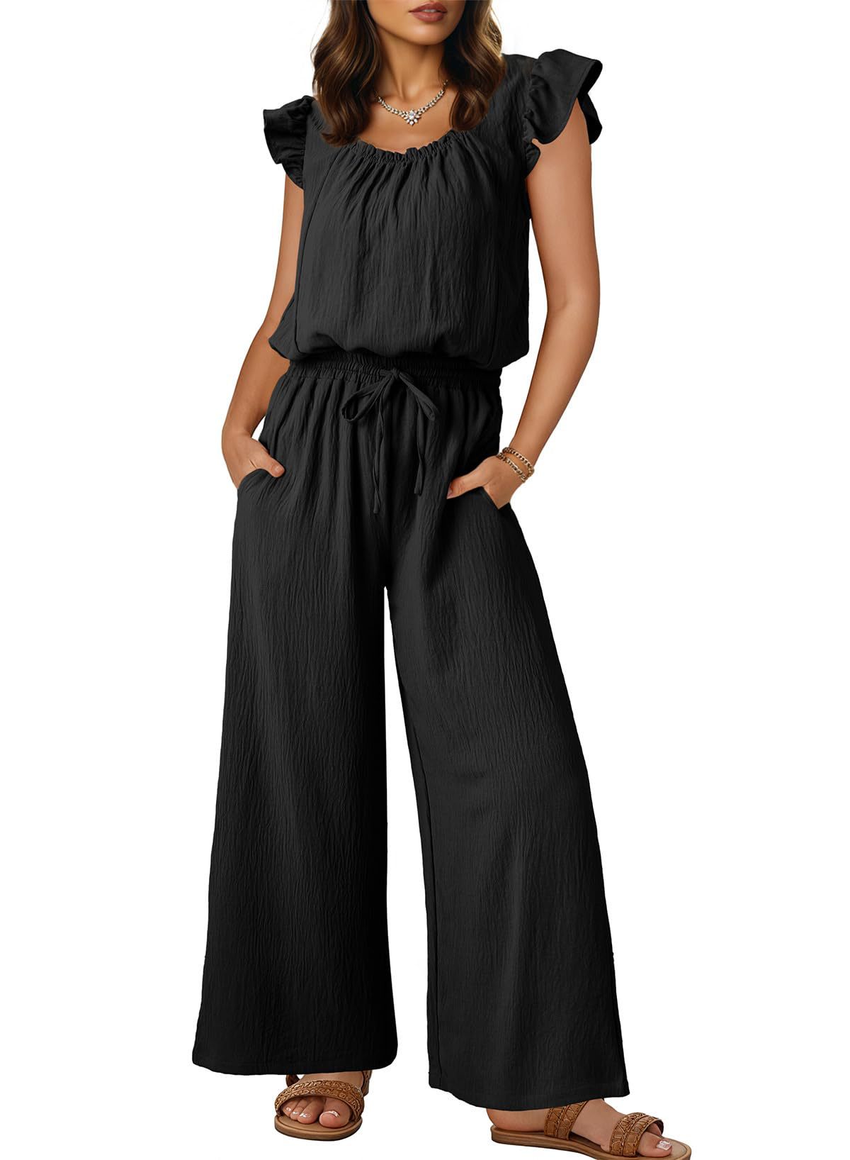 Women's Square Neck Sleeveless Ruched Jumpsuit with Pockets and Ruffle Sleeves
