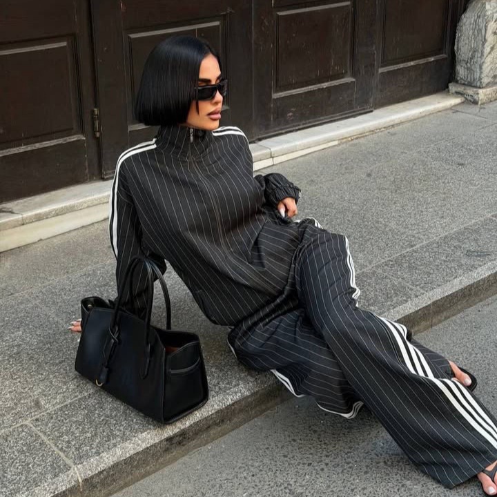 Women's Striped Three-Stripe Track Set with Zip-Up Stand Collar Jacket and High-Waist Wide-Leg Pants