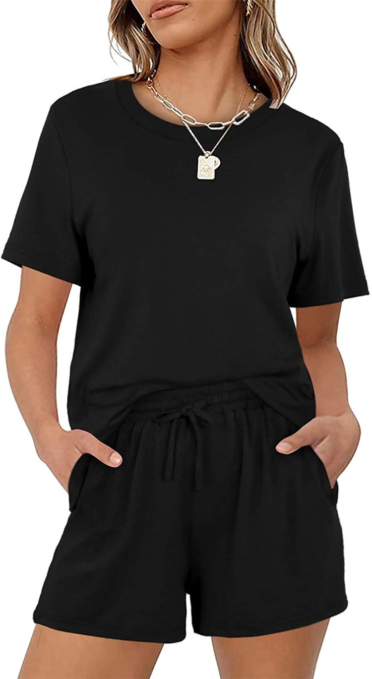 Women's Casual Solid Color Short Sleeve Two-Piece Pants Set