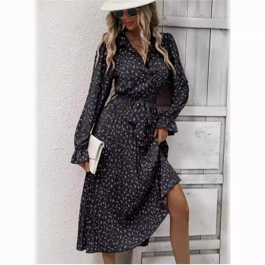 Women's Pleated Long Sleeve Tie-Waist Maxi Dress