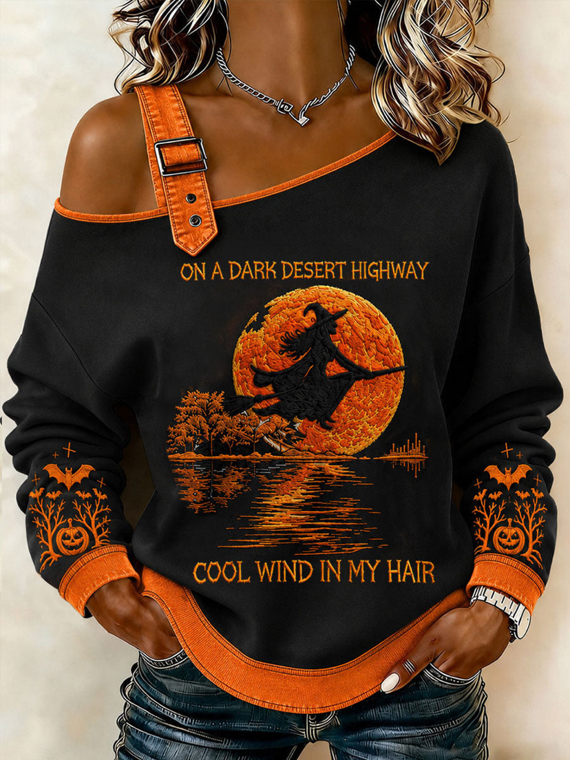 Halloween Witch Broom Print Crewneck Long-Sleeve Lace-Up Sweatshirt