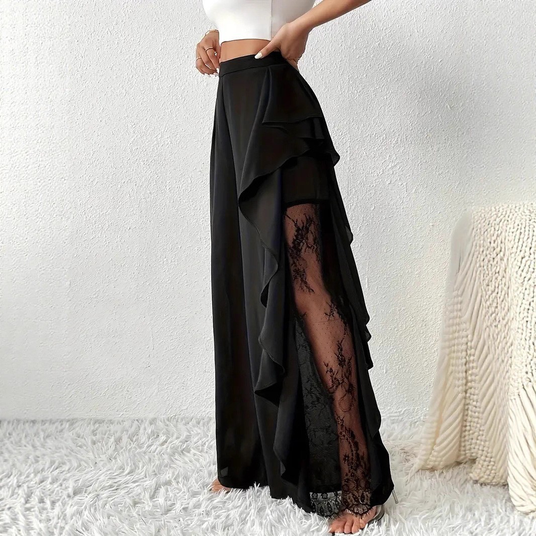 Women's High-Waist Wide-Leg Pants with Slit Lace Mesh Ruffle