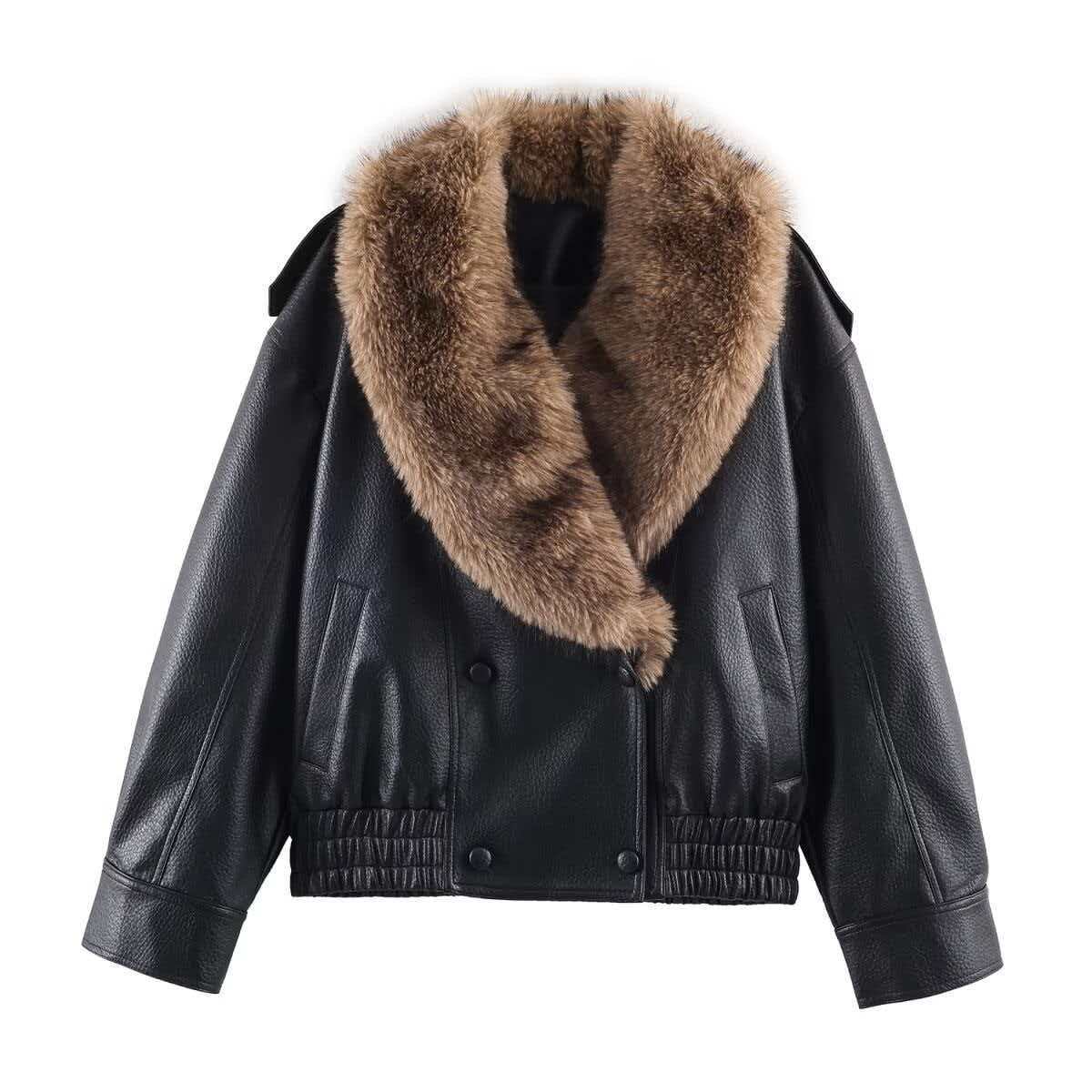 Women's Detachable Collar Faux Leather Jacket