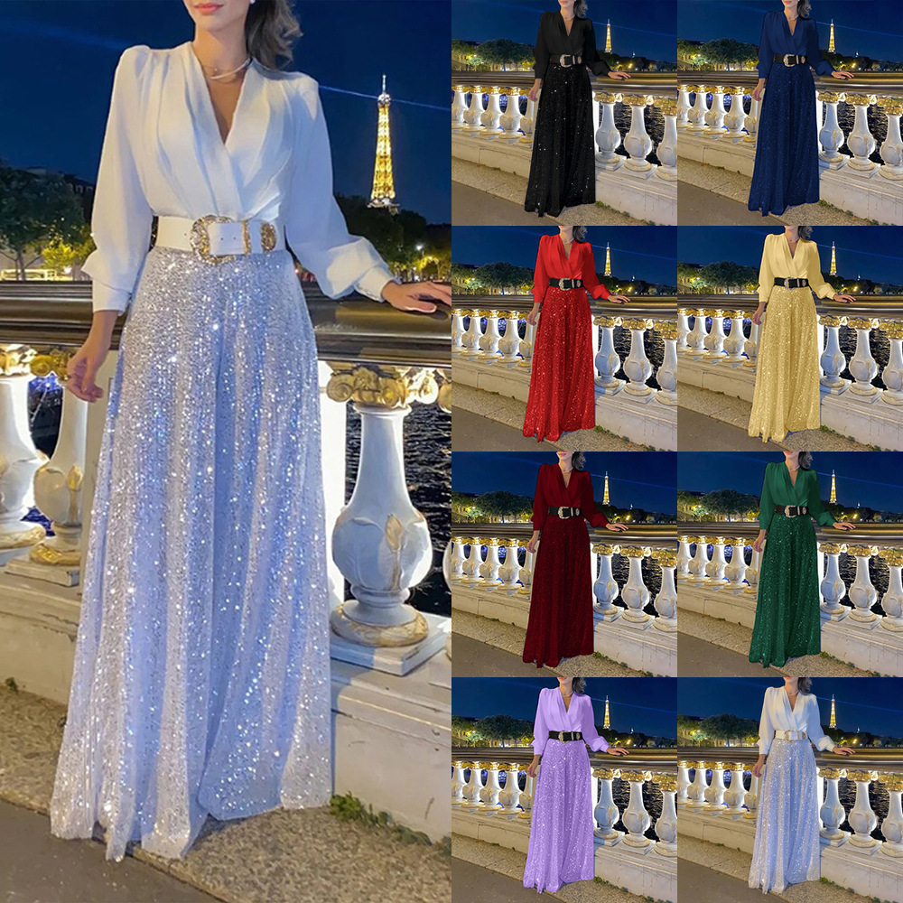 Elegant V-Neck Long Sleeve Sequin Wide-Leg Jumpsuit