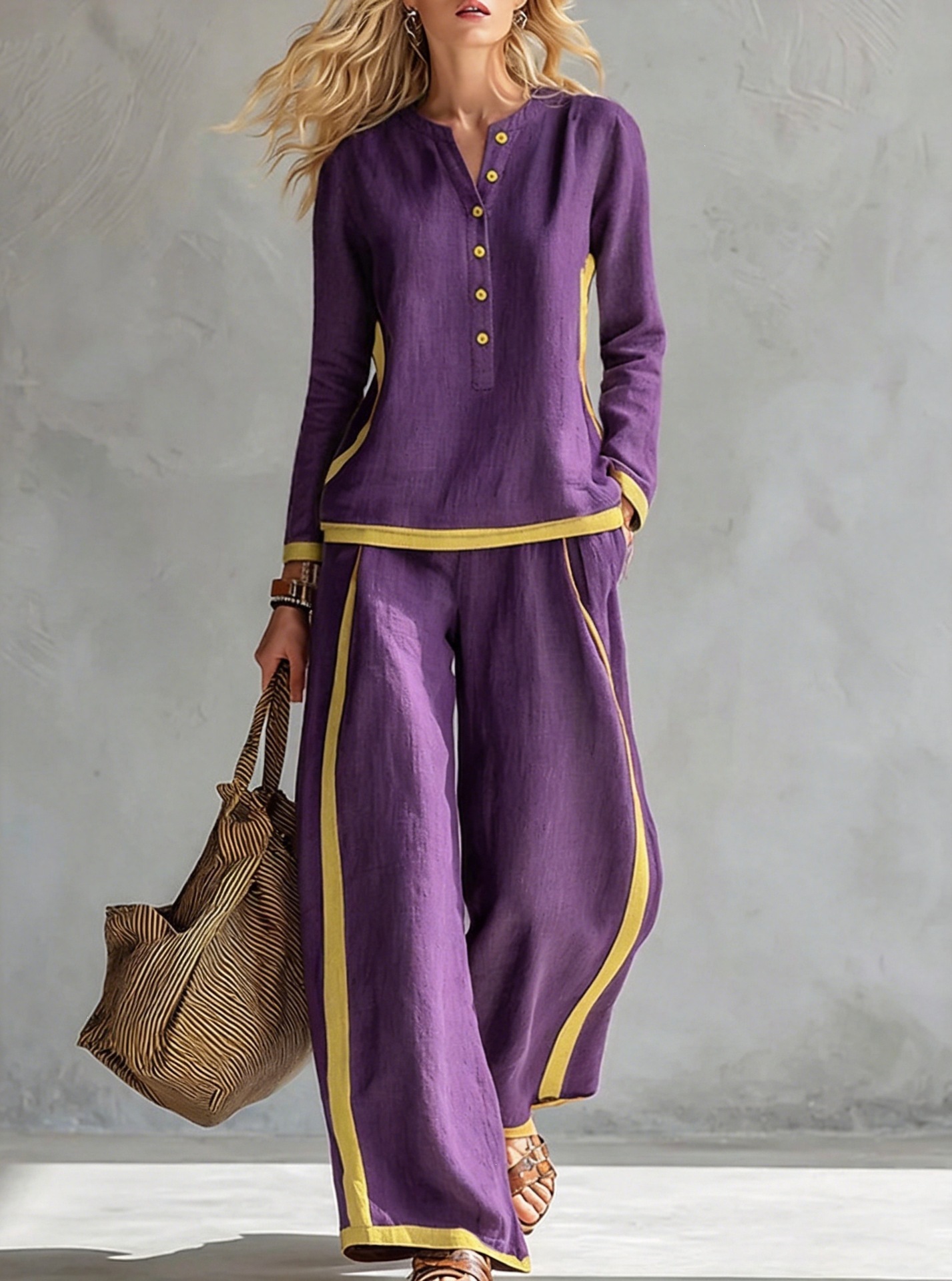 Women's Color-Block Cotton-Linen Two-Piece Set Button-Front Stand Collar Long Sleeve Top & Side-Striped