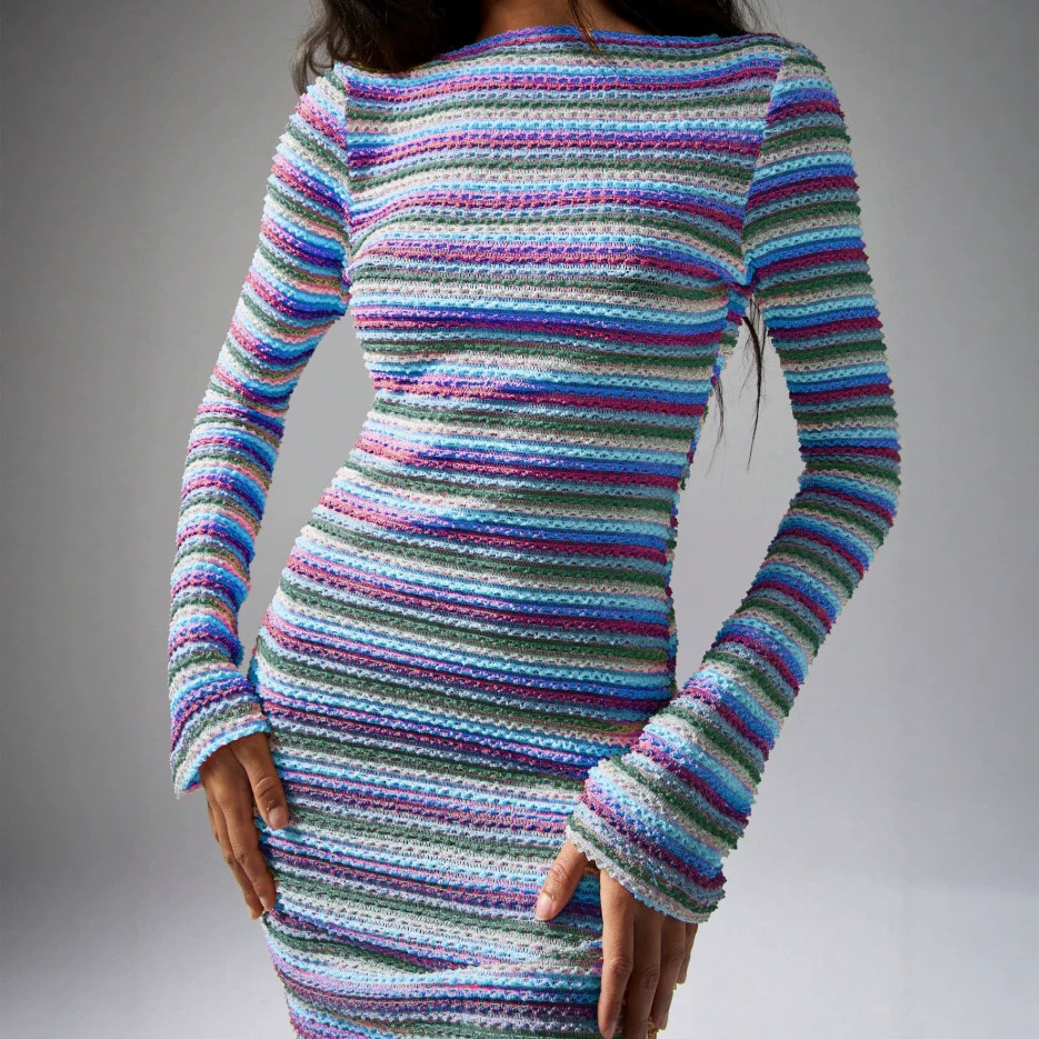 Striped Crochet Long Sleeve Backless Bodycon Dress