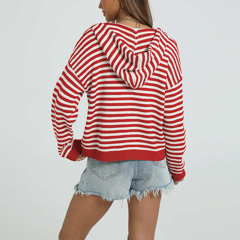 Women's Casual Hooded Striped Colorblock Knit Zip Cardigan