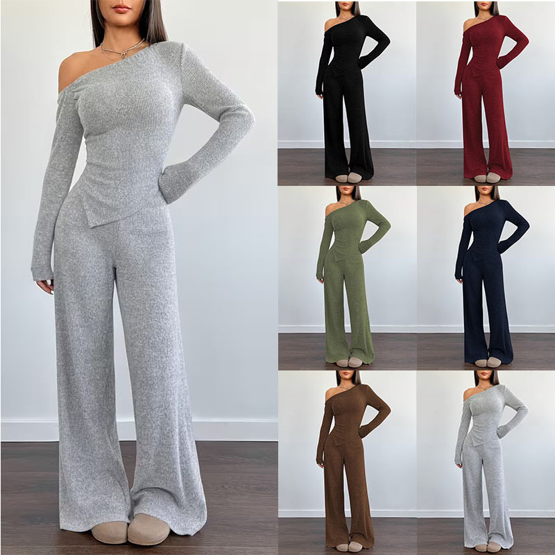 Women's One-Shoulder Knit Two-Piece Set Slim Fit Long Sleeve Top & Wide Leg Pants