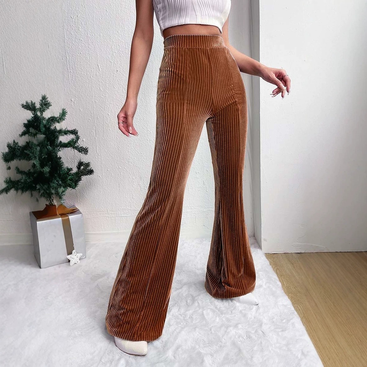 Ribbed Velvet High-Waist Pull-On Flare Pants with Pockets